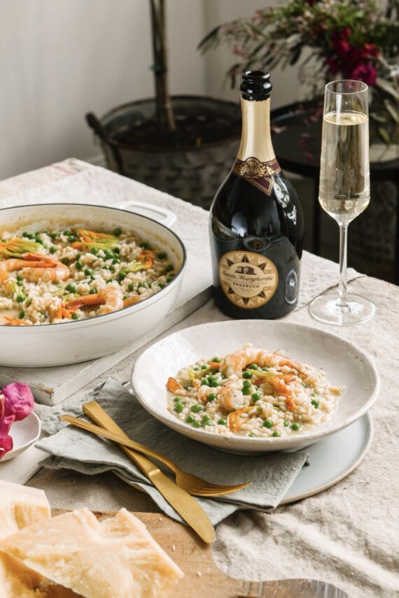 Santa Margherita Prosecco Superiore pairs beautifully with this Summer Risotto with prawns, peas and zucchini flowers.