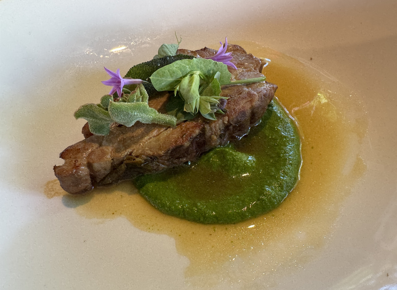 Bodee Price’s Pork scotch garnished with salty ice leaf.