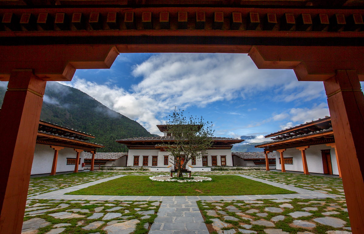Step back in time to the grand front entrance at Bhutan Spirit Sanctuary.