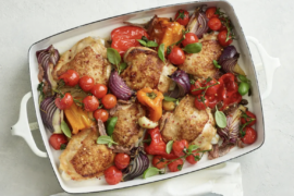 Mediterranean Chicken Traybake, made with Cobram Estate extra virgin olive oil.