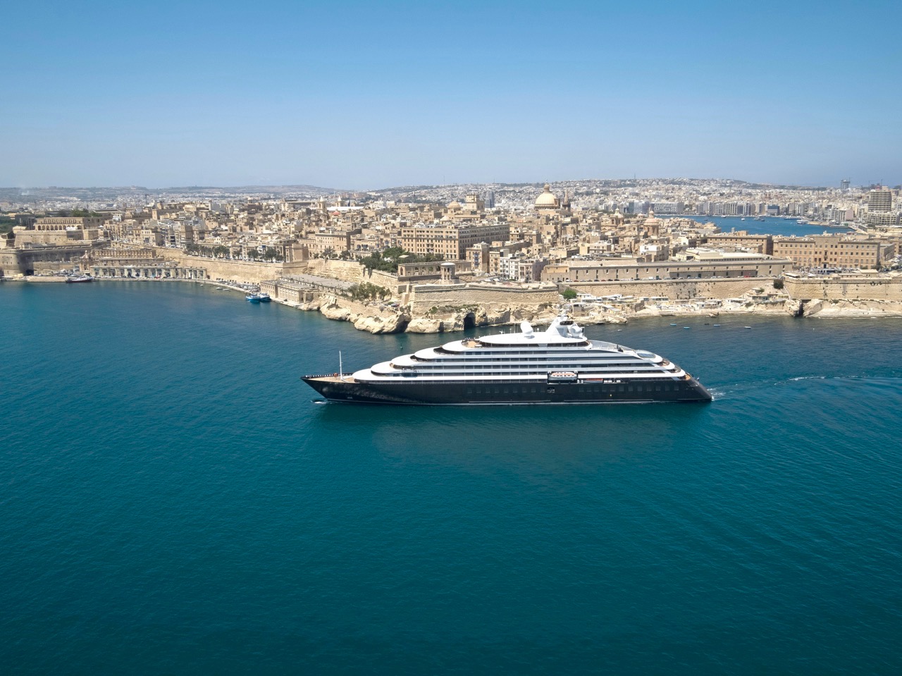 The Scenic Eclipse cruise ship in Valletta, one of the world’s most beautiful harbours.