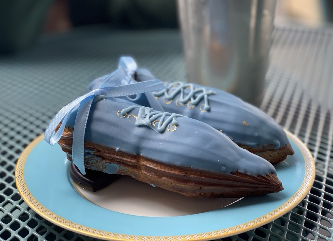 Blue suede chouxs created by Bluebird Patisserie during the Elvis exhibition.
