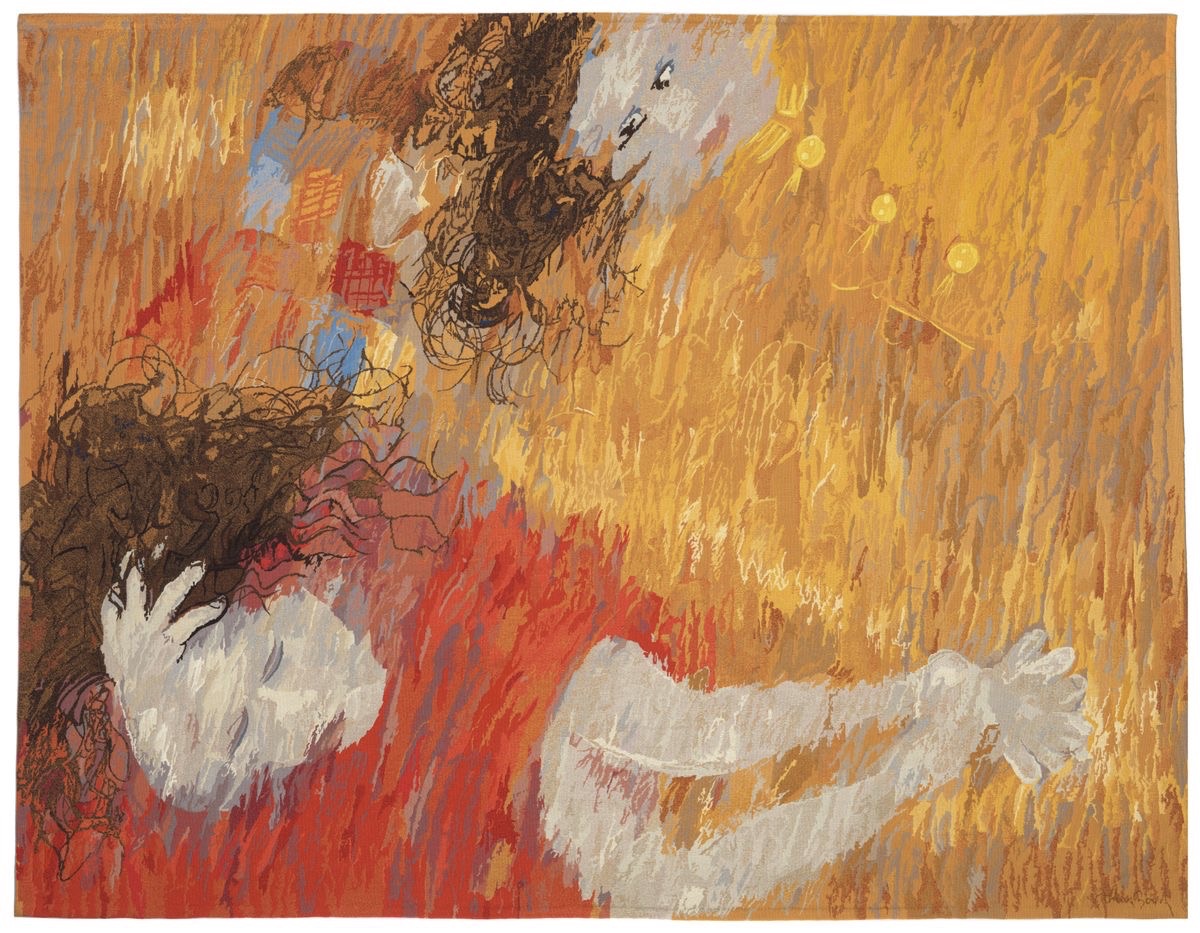 Installation view, Arthur Boyd: Tapestries, National Gallery of Australia, Kamberri/Canberra, 2026, featuring: Arthur Boyd, Manufactura de Tapeçarias de Portalegre, St Francis when young dreaming of fine clothes and armour, 1973, National Gallery of Australia, Kamberri/Canberra, purchased 1975, Arthur Boyd’s work reproduced with the permission of Bundanon Trust