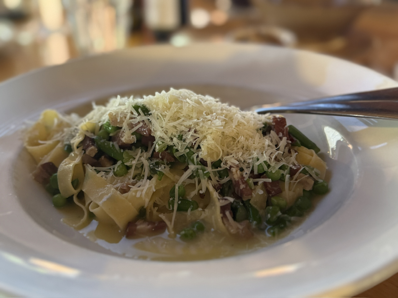 Limone’s Tagliatelle with pancetta, peas and local asparagus.