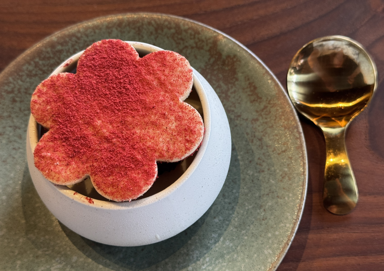 Blackberry, white chocolate and Mary Valley yuzu sable, an eye-catching dessert.
