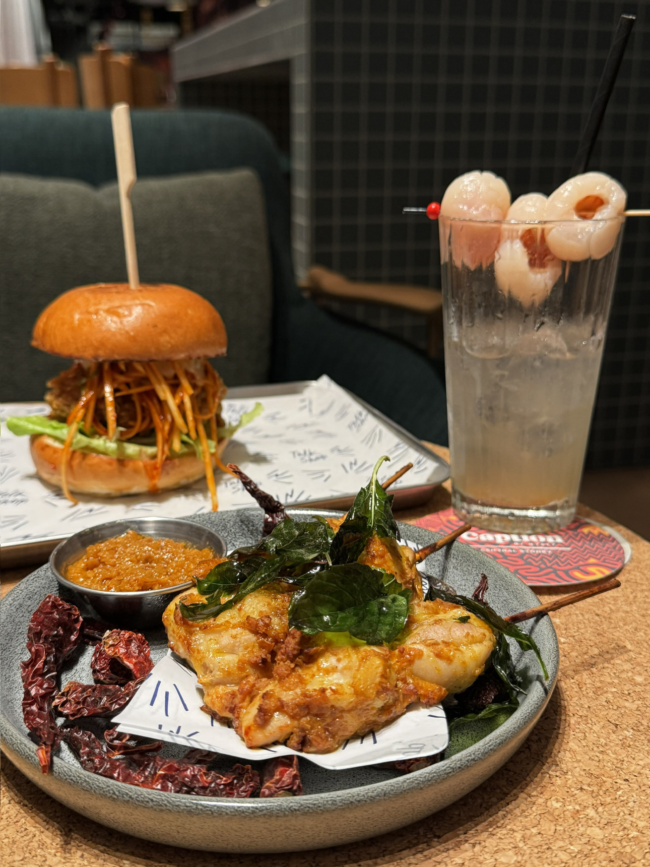 Going all out with Korean chicken burger, Malaysian satay sticks and Parker Street Collin cocktail.