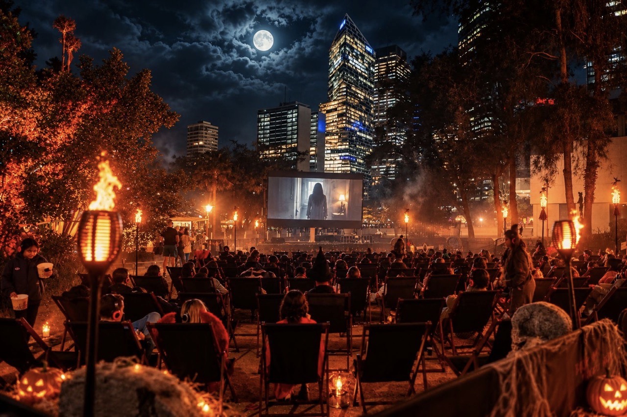 Ghost In The Rocks Festival. Sydney. Audiences seated under the stars at Ghost Cinema.